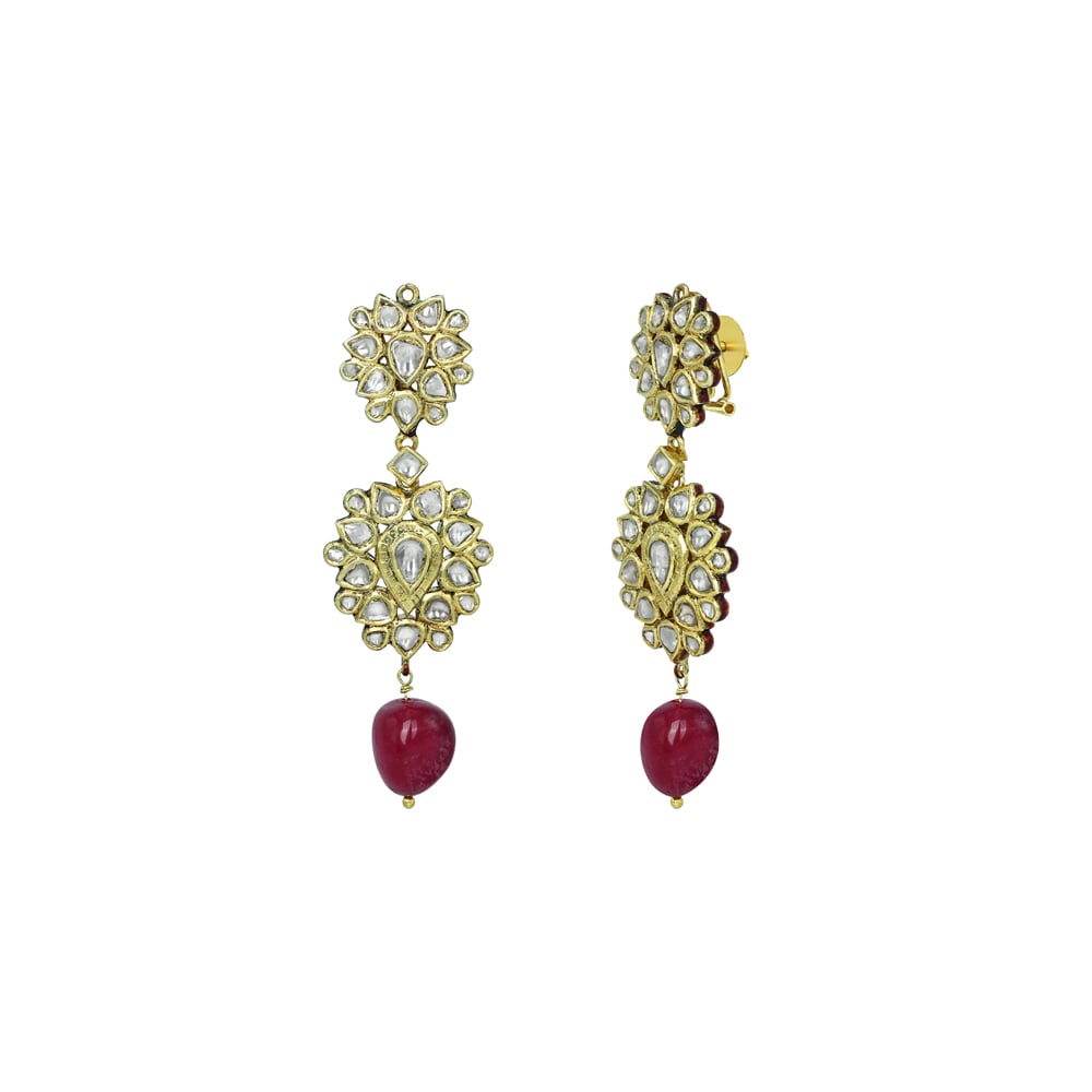 Dual Floral Polki Earrings with Tourmaline Drops